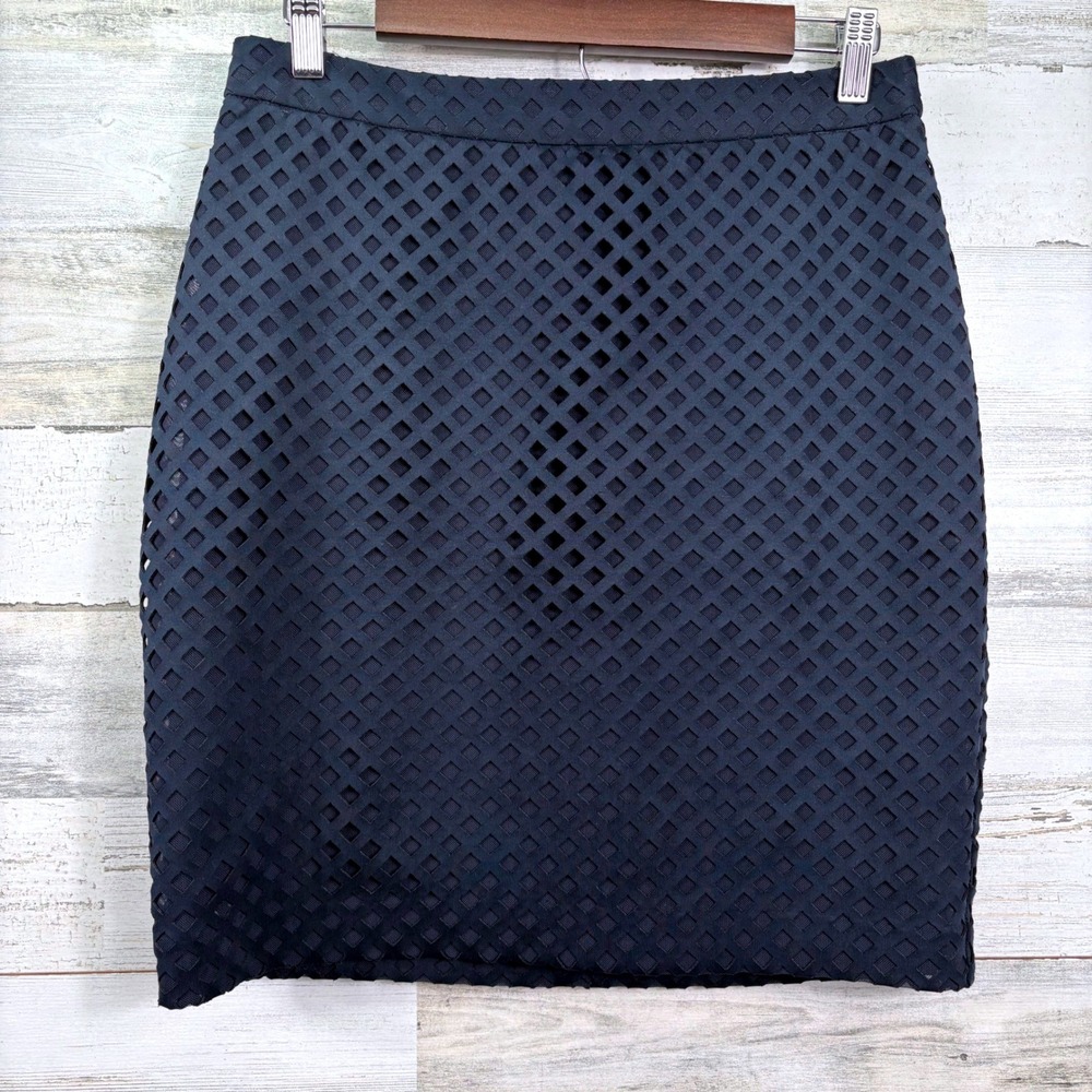 Banana Republic Navy Blue Laser Cut‎ Lattice Pencil Skirt Size 6 Geometric Mesh